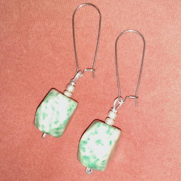 Tree Agate Chunk Faceted Stone Handmade Earrings Oversized Stainless Steel Wires - Picture 4 of 5